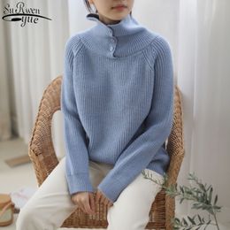 Korean Simple Casual All-match Solid Colour Women's Turtleneck Autumn and Winter Breasted Knitted Sweater Wool Pullover 11745 210427