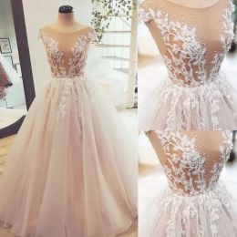 Blush Pink Wedding Dresses Bridal Gown Long Sleeves with 3D Floral Applique Sexy Illusion Bodice Beaded Custom Made Plus Size Sweep Train Tulle A Line vestido de novia