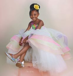 2021 Luxurious Colorful Flower Girl Dresses Ball Gown Sheer Neck Beaded Tiers Lilttle Kids Birthday Pageant Weddding Gowns