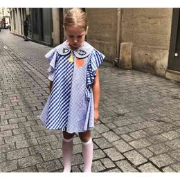 Retail 2021 Summer Baby Girls Blue Striped Plaids Dress, Princess Kids Fashion Clothing 3-7T 210331