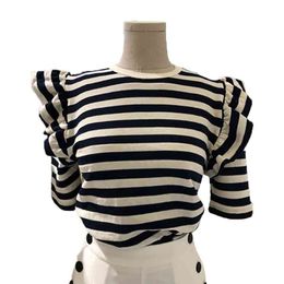 Sweet Ruffles Patchwork Black White Striped Slim Shirts Women Simple O-neck T Shirt Summer Short Sleeve Tops for Women 210514