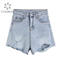 Streetwear Wide Leg Denim Shorts Women Summer Stylish Blue Loose High Waist Chic Ripped Holes Tassels Jeans Female 210515