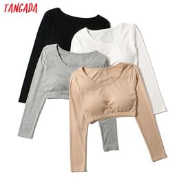 Women Solid Crop T Long Sleeve O Neck Tees Ladies Casual Tee Shirt Street Wear Top LK19 210416