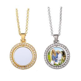 Diamond Sublimation Blank Pendant Necklace Rotatable Double Sided Heat Transfer Metal Necklace DIY Fashion Jewelry Gift