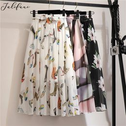 Summer Bohemian Chiffon Skirt Lady Korean Style Printing Sun School High waisted Elegant beach skirt Midi Skirt Female 210415