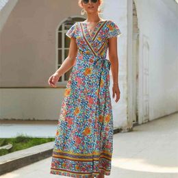 Women Summer Floral Printing Long V-Neck Short Sleeve Ruffle Bohemia Female Leisure Dresses 210331
