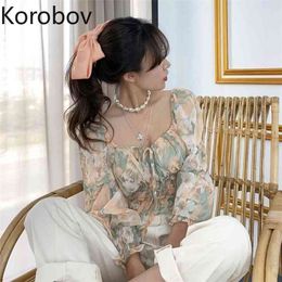 Korobov Summer Elegant Square Collar Women Blouses Vintage Korean Puff Sleeve Shirts Female New Chic Blusas Mujer 210430