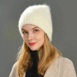 Female Cashmere Blend Winter Hat Long Fur Warm Soft Wool Knitted Hats Women Skullies Beanies Wholesale