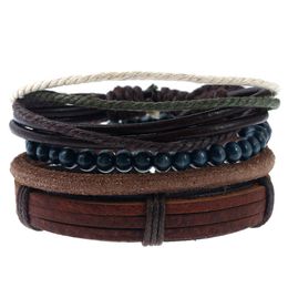 Rope Leather Handmade Braided Multilayer Wooden Beads Charm Bracelets Retro Set For Men Punk Adjustable Bangle Party Jewellery