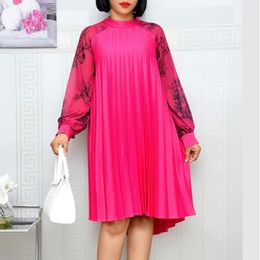 Women Loose Dresses Pleated Chiffon Long Sleeves Printed Free Size Knee Length O Neck African Female Fashion Vestidos Robes 210416