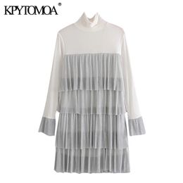 Women Chic Fashion Patchwork Ruffle Mini Dress High Neck Long Sleeve Female Dresses Vestidos Mujer 210420