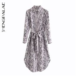 Snake Printed Lace Up Waist Shirt Dress Women's Spring Lapel Long Sleeve Single Breasted Maxi Dresses Trend 5A73 210427