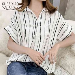 summer loose fat MM female striped shirts short sleeved blouses shirt fashion plus size casual chiffon clothing 0439 40 210506