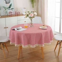 Plaid Round Tablecloth Cover lace Tassel Cotton Linen Picnic Cloth modern table cloth Red Background sweets Decor 210724