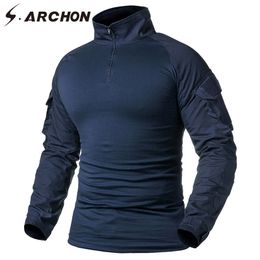 S.ARCHON Military Tactical Long Sleeve T Shirt Men Navy Blue Solid Camouflage Army Combat Airsoft Paintball Clothes 210629