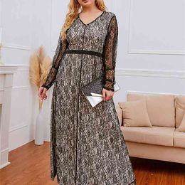 lace middle dress Canada - Long Sleeve Midi Dress for Women Black Lace V Neck Plus Size Party Arabic Middle East Clothes 3XL 4XL 210517