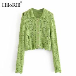 Green Cropped Cardigan Women Fashion Hollow Out Knitted Sweater Casual Long Sleeve Turn Down Colloar Cardigans Tops 210508
