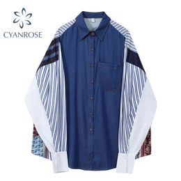 Irregular Spliced Denim Blouses Spring Streetwear Long Sleeve Pocket Korean Vintage Shirt For Ladies Tide Oversized Ins Top 210417