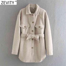 Women Vintage Breasted Bow Tied Sashes Solid Casual Woollen Shirt Coat Female Streetwear Chic Pocket Jacket Tops CT618 210420