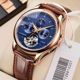 Lige 6826 Plus Brand Classic Men Retro Watches Automatic Mechanical Watch Tourbillon Clock Genuine Leather Waterproof Wristwatch Q0524