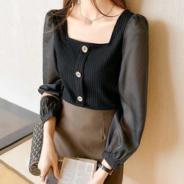 Korean Women Blouses Chiffon Long Sleeve Shirts Tops Woman Black Square Collar Top Plus Size 210604
