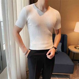 Quality British Style Summer V Neck Knitted T-Shirts Men Clothing Slim Fit Casual Short Sleeve Tee Shirt Homme Streetwear 210706