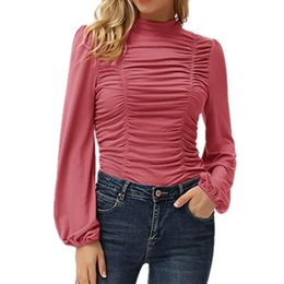 Women's T-Shirt Autumn Winter Clothing Solid Lantern Sleeves Ruched Slim Basic Sexy Ladies Street Casual Fashion Long Sleeve Tops