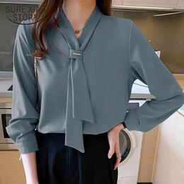 Office Long Sleeve Solid Shirts with Tie Fashion Chiffon Women Blouse and Tops V Neck Loose Female Clothing 13022 210415