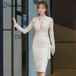 Spring Fashion Floral Lace Patchwork Bodycon Dress Stand Collar Long Sleeve Casual Work Party Midi Pencil 210603