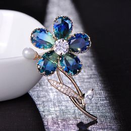 Pins, Brooches Madrry Luxury Blue Flower Shape Shining Rhinestone Jewellery Pin For Women Girls Suit Coat Dress Sweater Pins Accessories