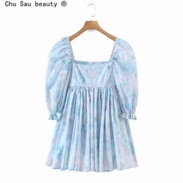 Spring Summer Vintage Sexy Fairy Print Square Neck Puff Sleeve Pleated Short Mini Dress For Women 210508