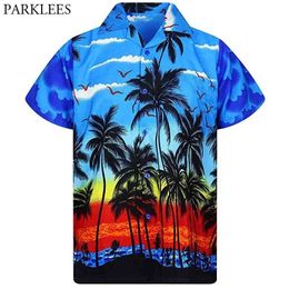 Blue Palm Tree Printed Beach Wear Shirt Men Summer Short Sleeve Men Hawaiian Shirt Casual Button Down Camisa Hawaiana 3XL 210522