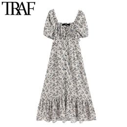 TRAF Women Chic Fashion Floral Print Ruffled Midi Dress Vintage V Neck Puff Sleeve Buttons Slit Female Dresses Vestidos 210415