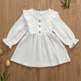 0-5Y Toddler Kids Baby Girl Autumn Dress Ruffles Long Sleeve Solid Cotton Linen Party Casual Dress Clothes Q0716