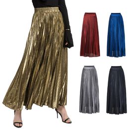 Skirts 2021 Spring Metallic Pleated Maxi Skirt High Waist Harajuku Large Swing Gold Black Long For Women Plus Size XXL Saias