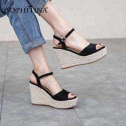 SOPHITINA Women Sandals Fashion Platform High Heel Summer Open Toe Straw Wedges Shoes with Sexy Ankle Strap Ladies Sandals PO672 210513