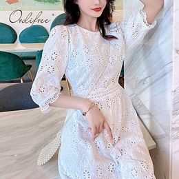 Summer White Cotton Lace Embroidery Boho Half Sleeve Tunic Vintage Women Beach Dress 210415