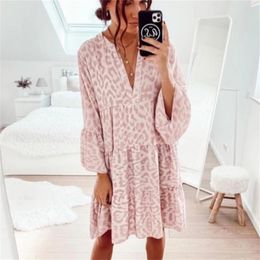 Foridol leopard print pink casual dress plus size autumn winter long sleeve loose short dress big size dress 210415