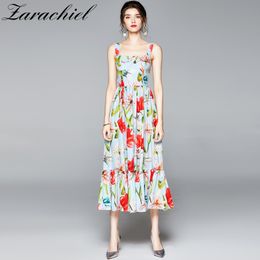 Summer Fashion Runway Vacation Dress Women's Spaghetti Strap Backless Floral Print Elegant Ruffles Long Dresses 210416