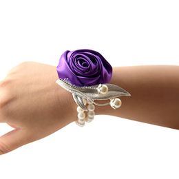 Link, Chain Simulated Pearl Bracelets Bride Wrist Corsage Bracelet Hand Flower Wedding For Bridesmaid Artificial Silk Rose