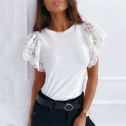 Summer Lace Patchwork Slim T-Shirt Women Ruffles Short Sleeve Tees Elegant Casual Solid Tops Ladies O Neck White Black 210517