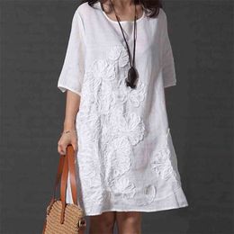 Plus Size 5XL Women's Embroidery Midi Dress Half Sleeve O-neck Loose Solid Dresses For Women Summer Female Casual Clothes 210331