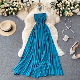 Sexy Blue Spaghetti Strap Long Dress Women Beach Holiday Open Back High Waist Strapless Vestidos Elegant A-Line Robe Summer 2021 Y0603