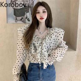 Korobov Vintage Elegant Polka Dot V Neck Women Blouses Korean Ruffles Thin Mesh Female Shirts Elegant Blusas Mujer 210430