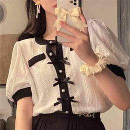 Summer Korean Fashion Color Contrast Bow Shirt Bubble Sleeve Blouse Retro Sweet Style 210529