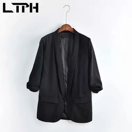 Mid-length Slim women blazer None buttons Cardigan casual Blazers and Jackets pleated pocket Lady Suit Coat Spring 210427