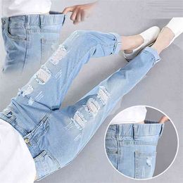 Korea Fashion Women Jeans Elastic Waist Loose All-matched Casual Harem Pants Vintage Ripped Cotton Denim D171 210512