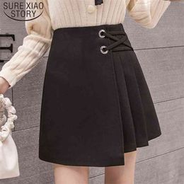 Vintage Elegant Black Skirts Faldas Mujer Moda High Waist Skirt Solid Casual A-Line Lace-Up Mini Womens 7872 50 210506