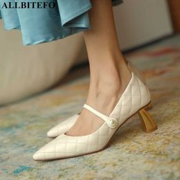 ALLBITEFO golden heel design high quality comfortable genuine leather women heels fashion cow leather high heels high heel shoes 210611