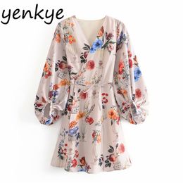 Vintage Floral Print Wrap Dress Women Cross V Neck A-line Holiday Casual Lantern Sleeve Summer Short vestido YTWM6347 210514